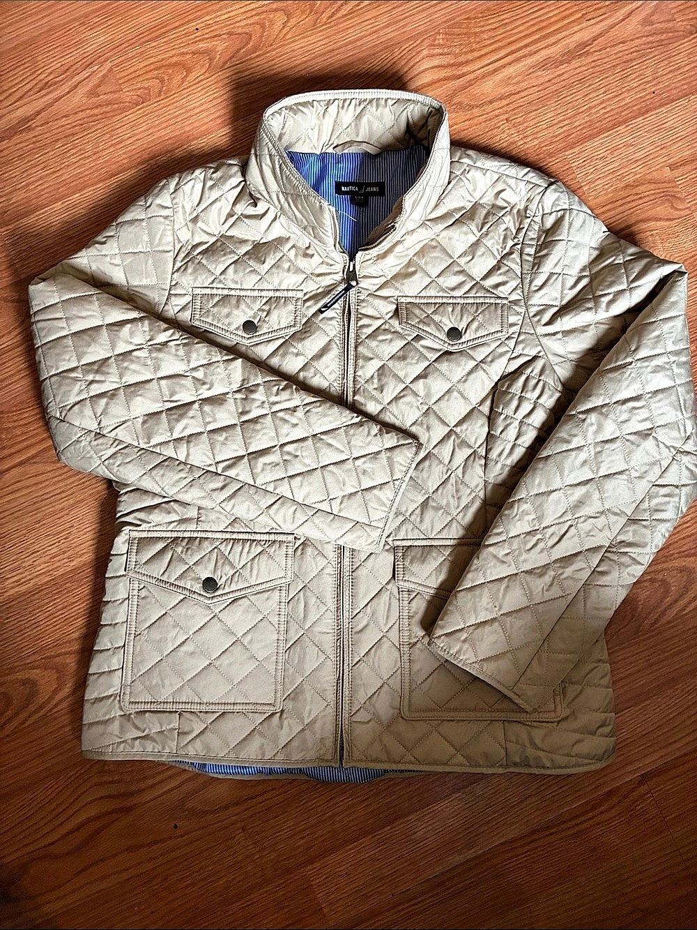 Nautica Quilted Jacket in Beige & Blue Size Large